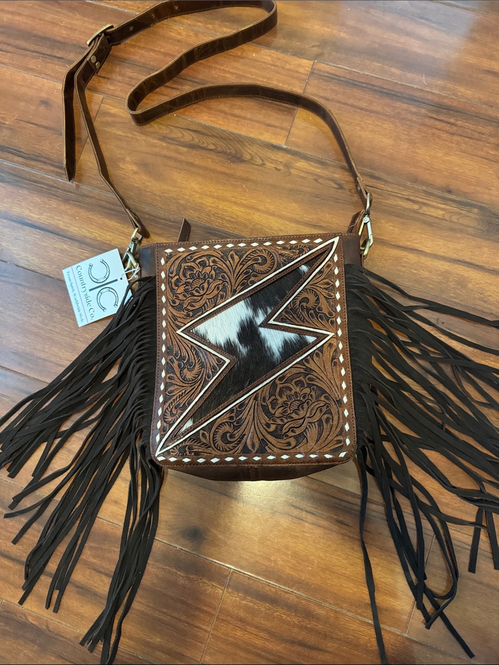 Countryside Co. Brown Leather Fringe Crossbody with Southwestern Inlay